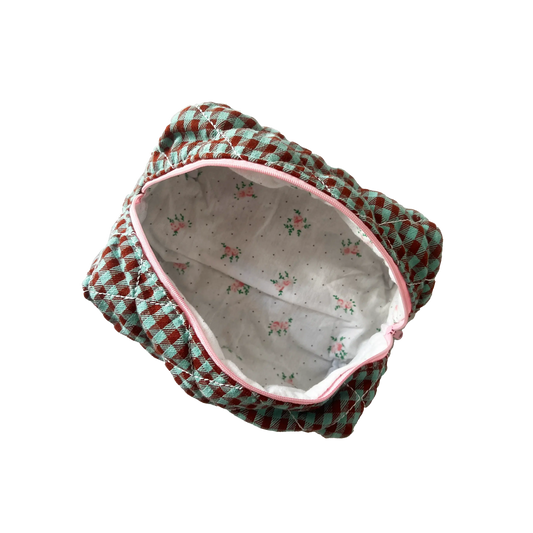 Fabric toiletry bag checkered pattern on a white background. Buttermilk Grace Carry All Bag Boysenberry Pie - The Rose Edit