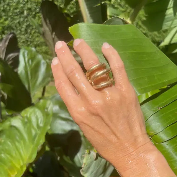 Hand wearing a gold ring with green leaves in the background