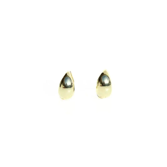Pair of gold teardrop-shaped earrings on a white background