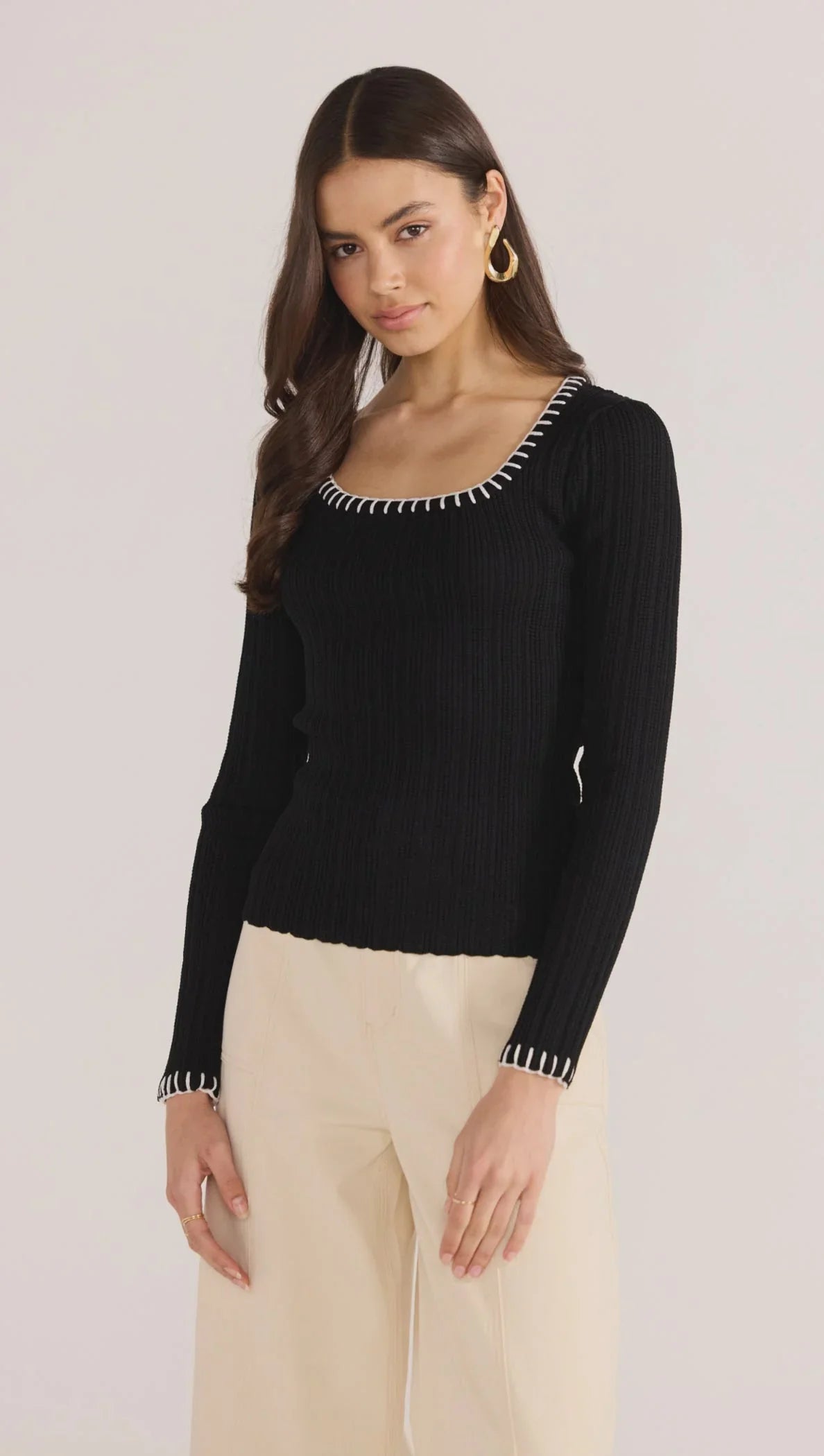 Sana Blanket Stitch Knit Top – Black