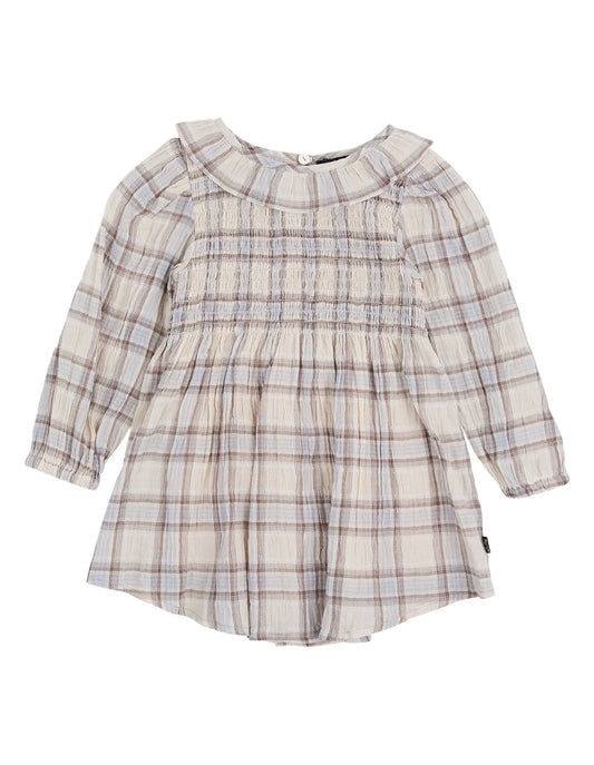 Plaid dress with ruffled collar on a white background