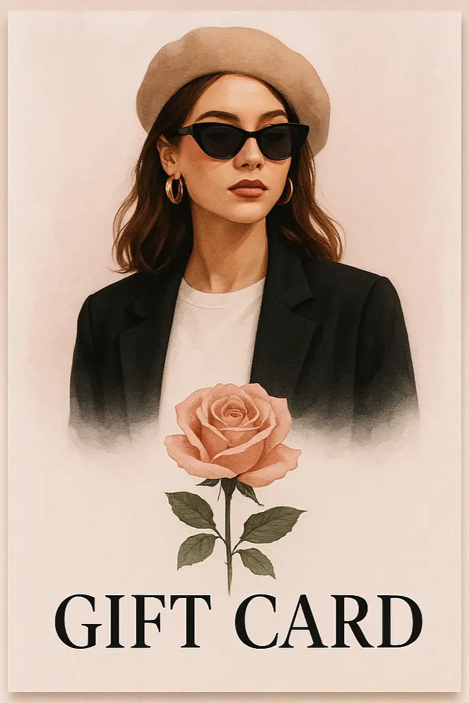 Portrait format gift card design with cool girl chic aesthetic and rose elements
