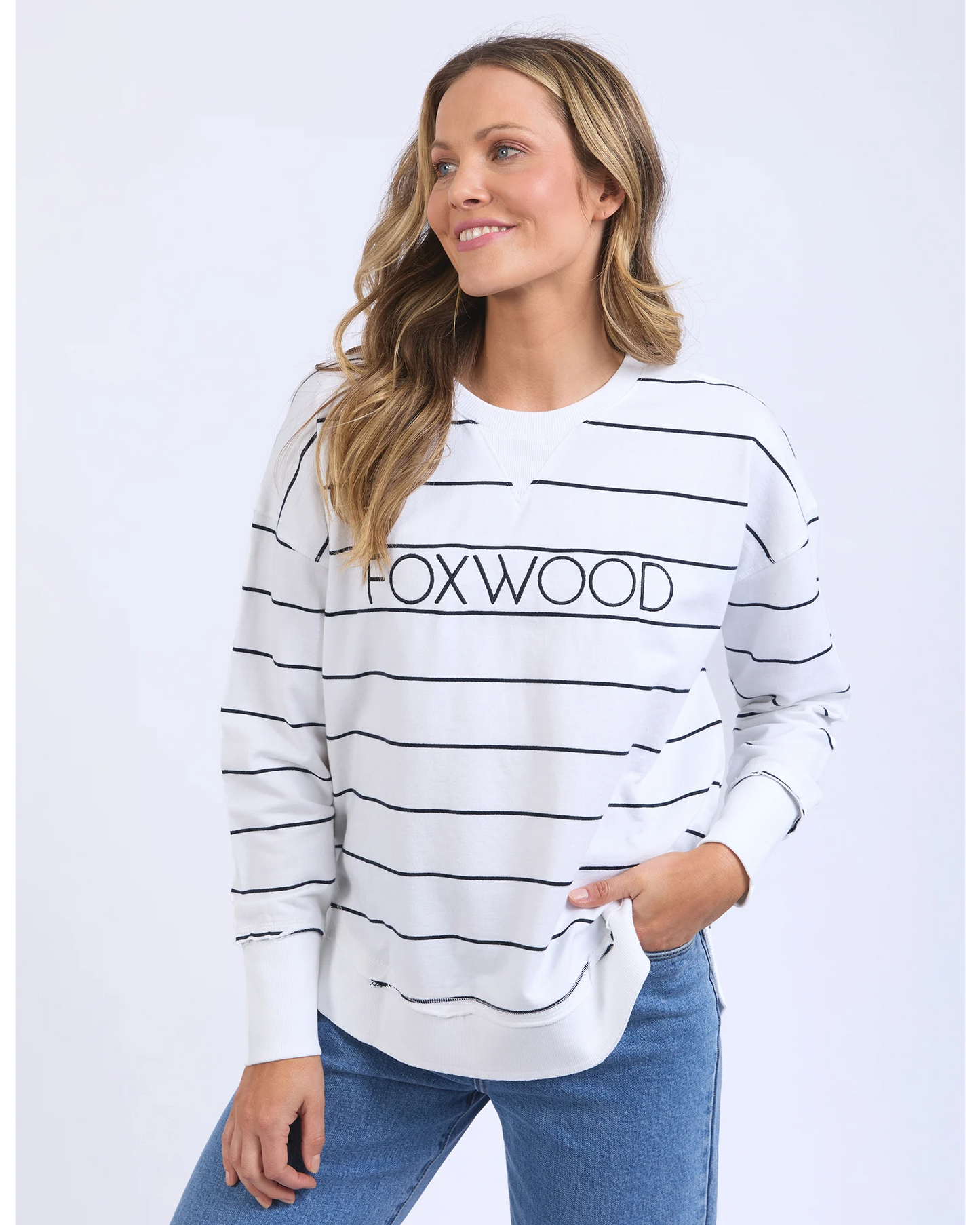 Classic Stripe Logo Crew – White & Navy