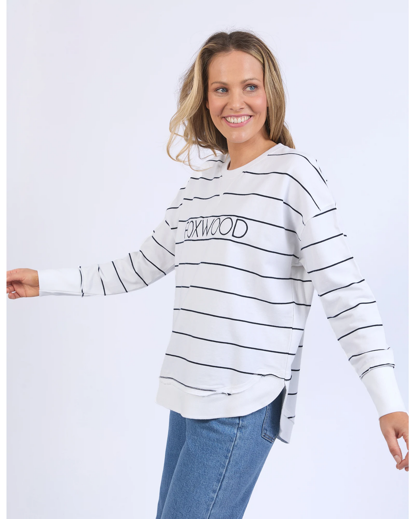 Classic Stripe Logo Crew – White & Navy