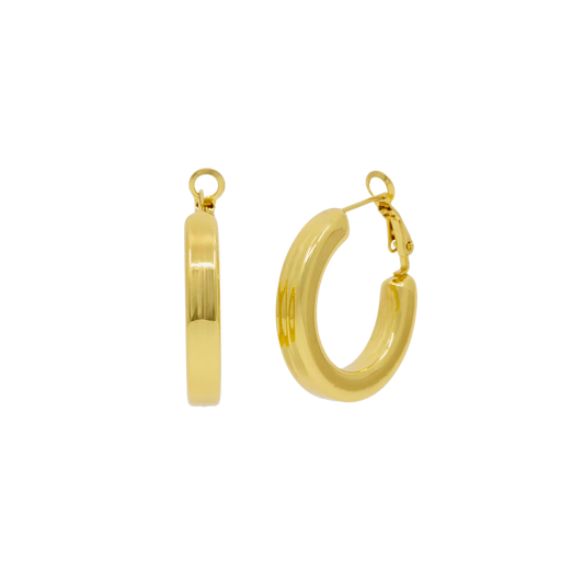 Gold hoop earrings on a white background