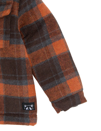 Close-up of a plaid shirt with a brand logo on a white background. Animal Crackers Standford Jacket Red Check - The Rose Edit