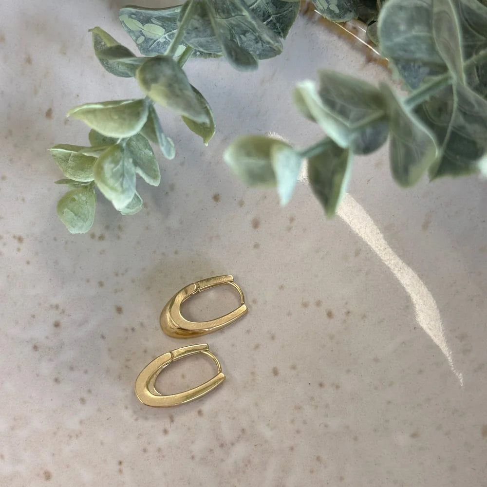 Gold hoop earrings on a textured surface with green leaves in the background