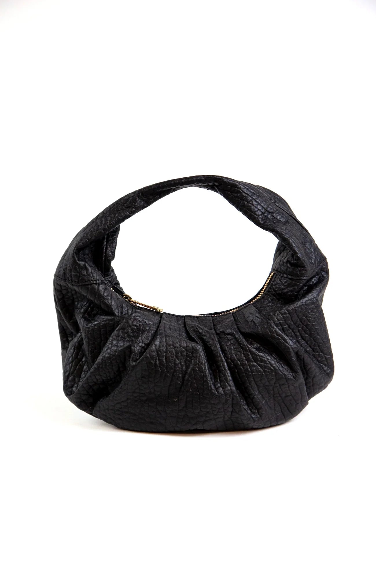 Black textured handbag on a white background