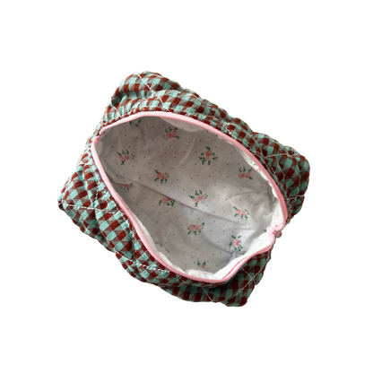 Fabric toiletry bag checkered pattern on a white background. Buttermilk Grace Carry All Bag Boysenberry Pie - The Rose Edit