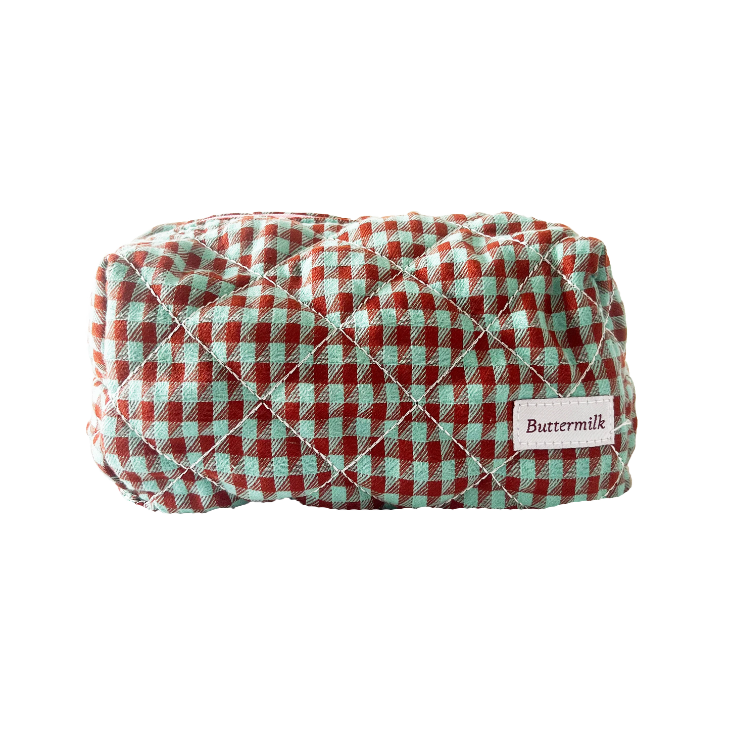 Quilted rectangular pouch with red and green checkered pattern on a white background. Buttermilk Grace Carry All Bag Boysenberry Pie - The Rose Edit