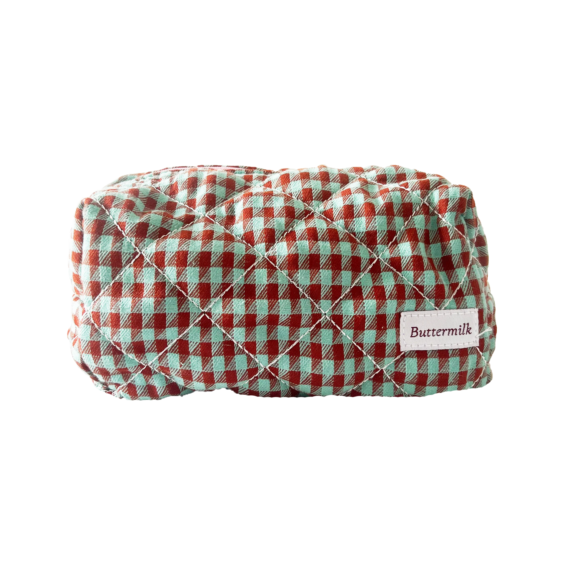 Quilted rectangular pouch with red and green checkered pattern on a white background. Buttermilk Grace Carry All Bag Boysenberry Pie - The Rose Edit