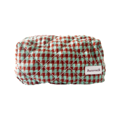 Quilted rectangular pouch with red and green checkered pattern on a white background. Buttermilk Grace Carry All Bag Boysenberry Pie - The Rose Edit