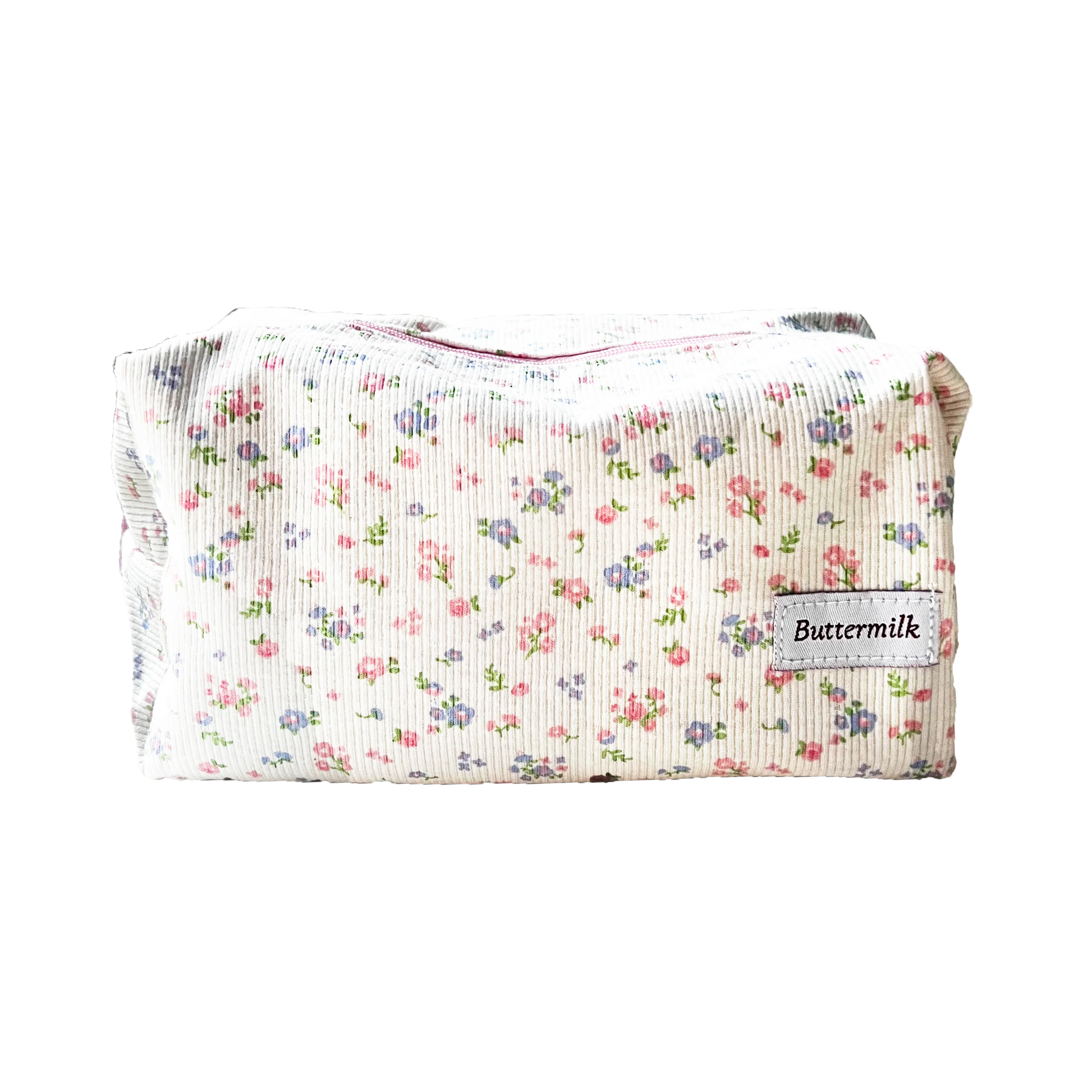 Floral-patterned pouch with 'Buttermilk' label on a white background. Buttermilk Grace Carry All Bag Forget-Me-Not - The Rose Edit