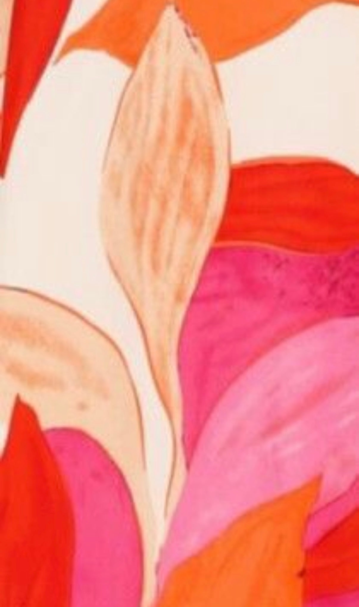 Close-up of a colorful abstract pattern with red, pink, and beige colors.