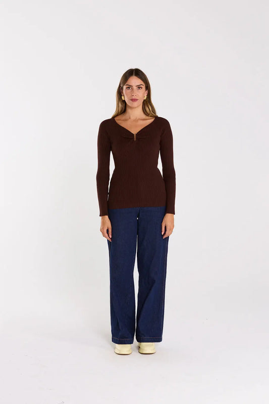 Loop Chocolate Ribbed LS Knit Top - The Rose Edit