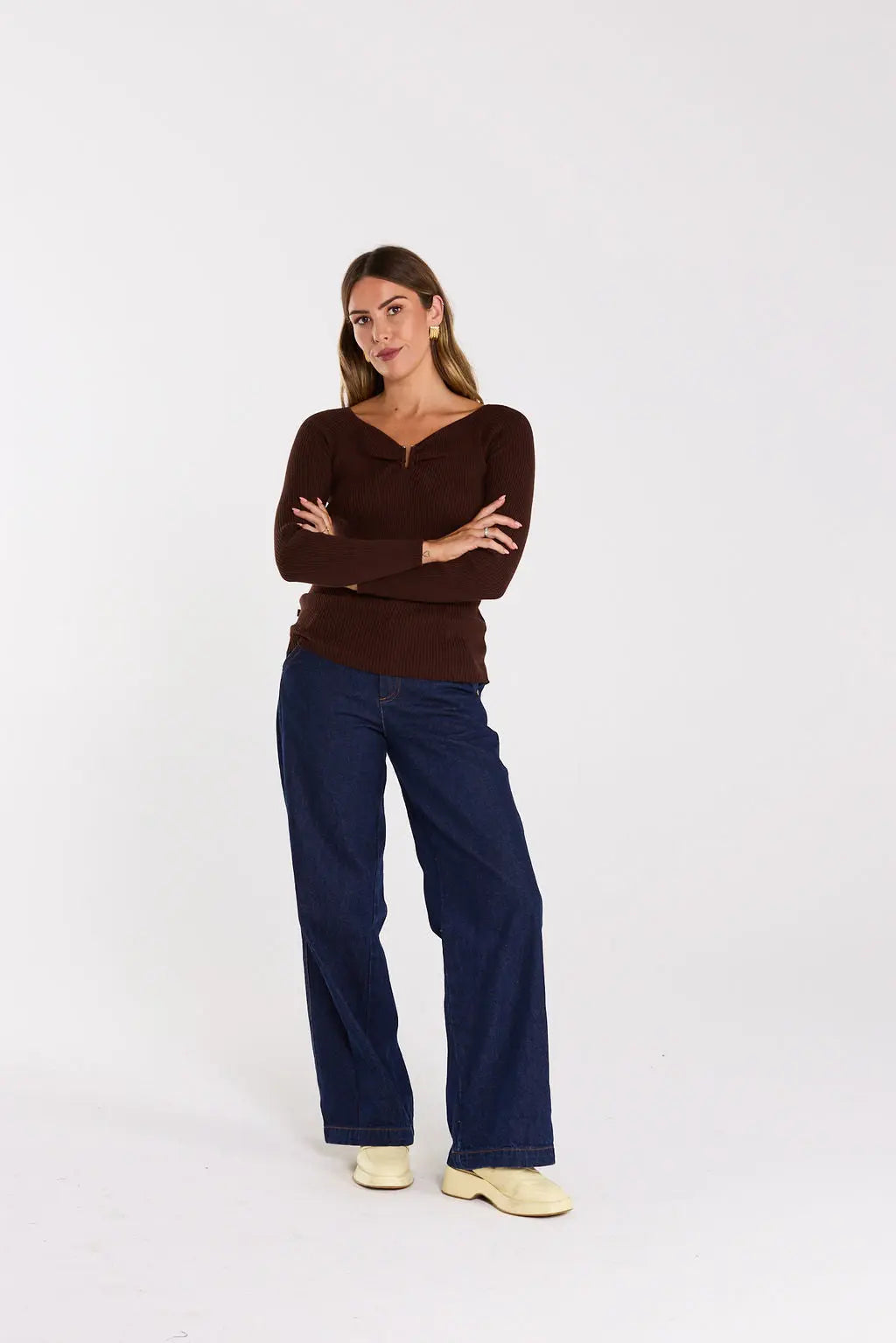 Loop Chocolate Ribbed LS Knit Top - The Rose Edit