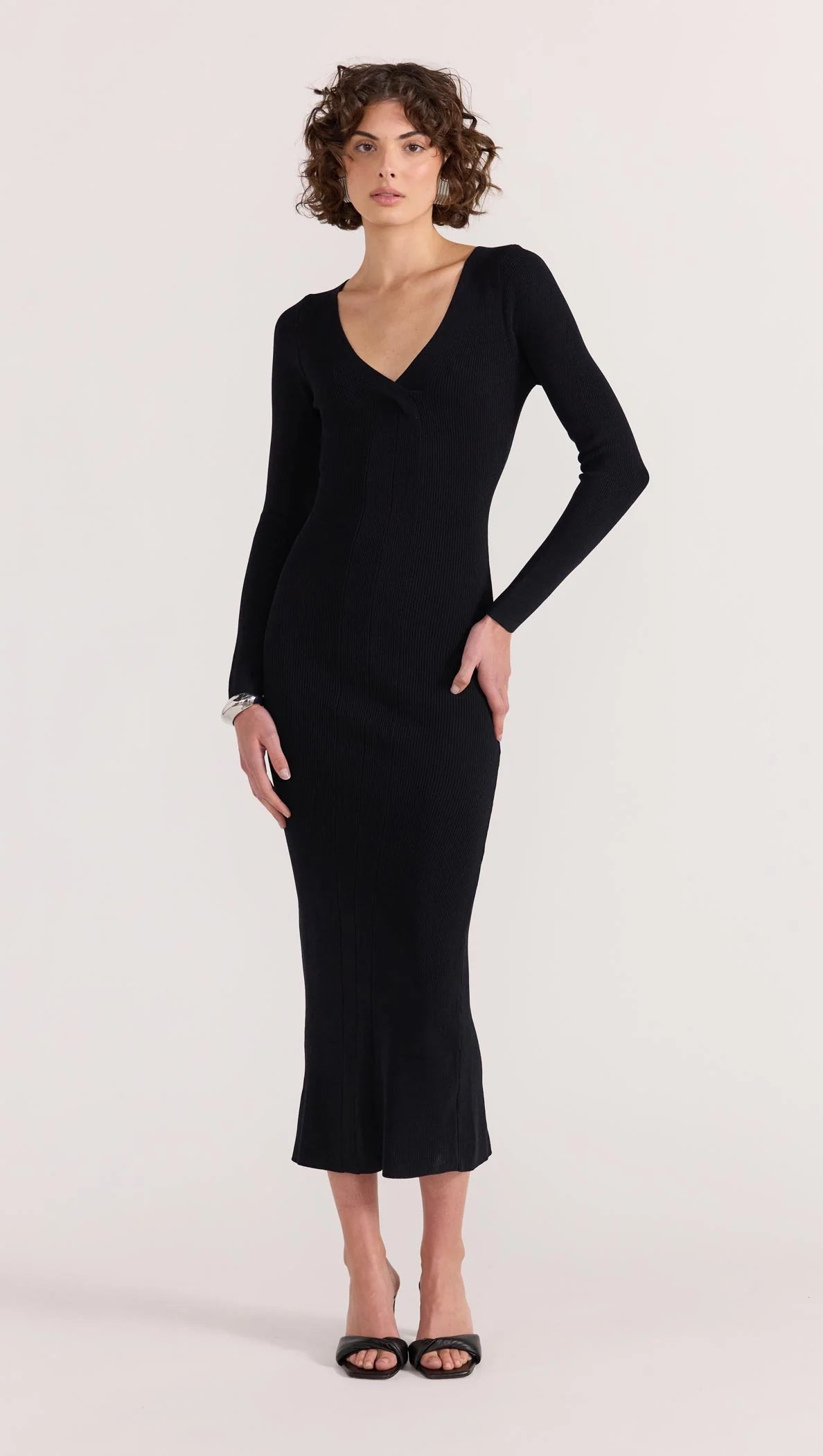 Marcel V-Neck Ribbed Knit Midi Dress – Black
