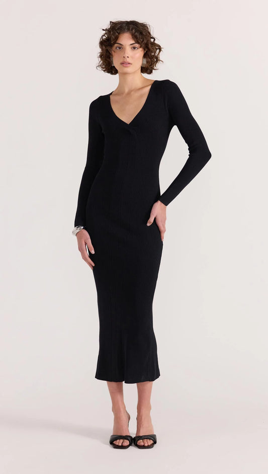 Marcel V-Neck Ribbed Knit Midi Dress – Black