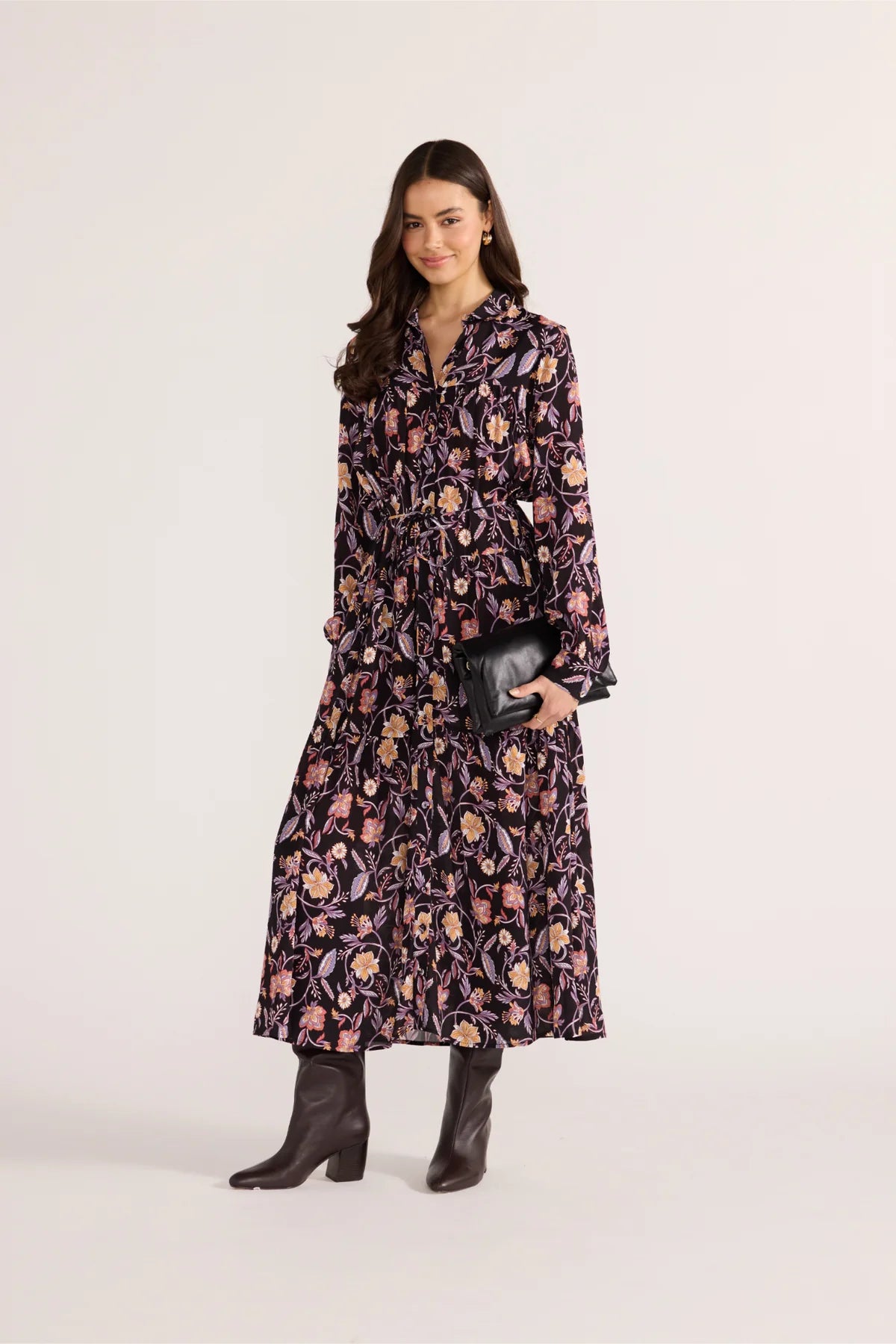 Regal Long Sleeve Midi Dress – Black