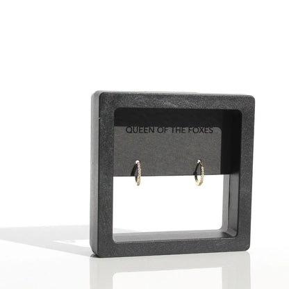 Earring display card with 'Queen of the Foxes' branding on a white background. Petite Sleepers Fine - The Rose Edit