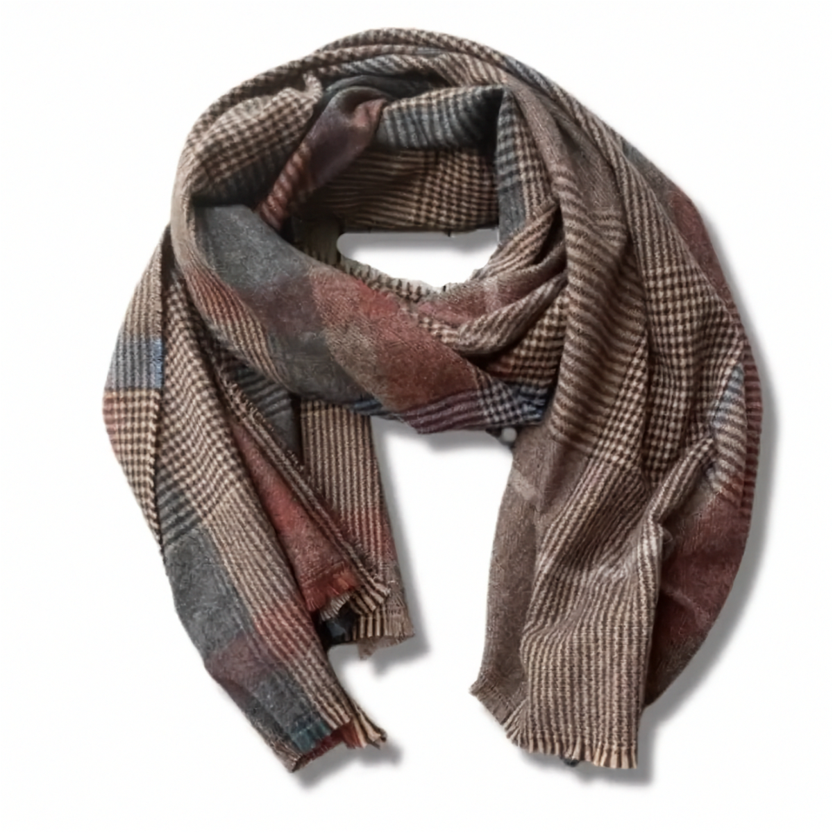 Plaid scarf with brown, red, and blue pattern on a white background