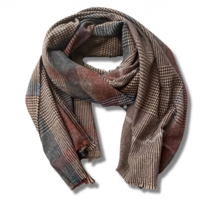 Plaid scarf with brown, red, and blue pattern on a white background