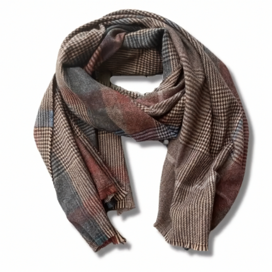 Plaid scarf with brown, red, and blue pattern on a white background