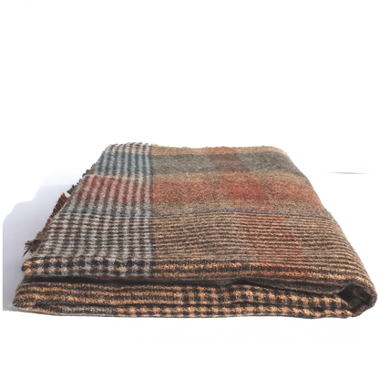 A folded plaid wool blanket with a mix of brown, beige, orange, and gray stripes, displayed on a white background.