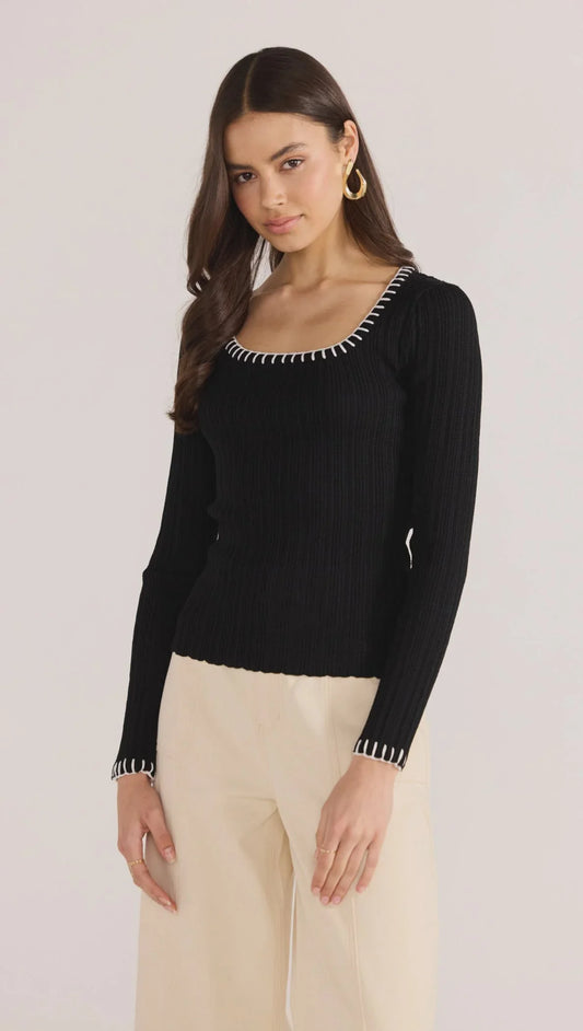Sana Blanket Stitch Knit Top – Black