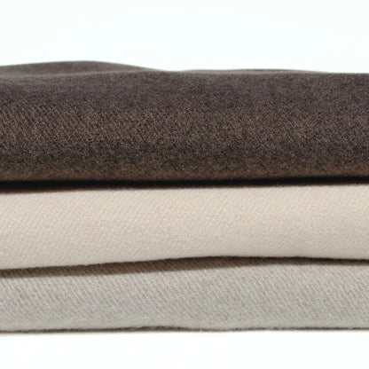Stack of brown and beige fabric swatches on a white background. Simple Scarf Chocolate - The Rose Edit