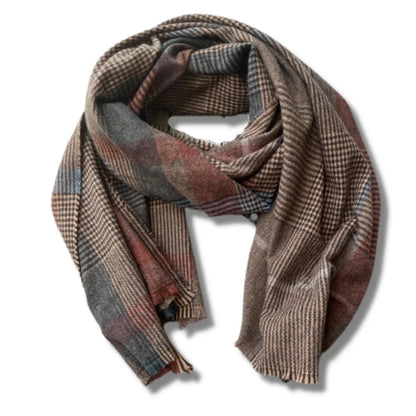 Plaid scarf with brown, red, and blue pattern on a white background.Throw Scarf Tweed - The Rose Edit