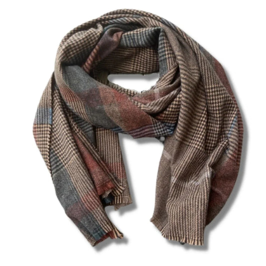 Plaid scarf with brown, red, and blue pattern on a white background.Throw Scarf Tweed - The Rose Edit