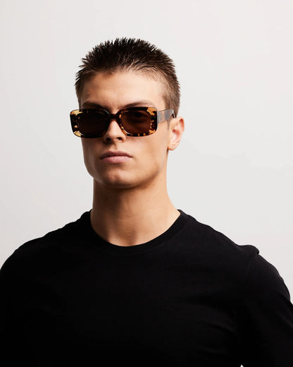 Man wearing sunglasses and a black shirt against a light gray background