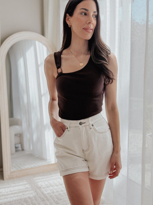 Willow Rib Tank in Brown and Josie Short in Vintage White worn together, front view