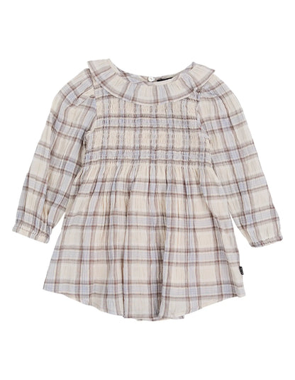 Plaid dress with ruffled collar on a white background
