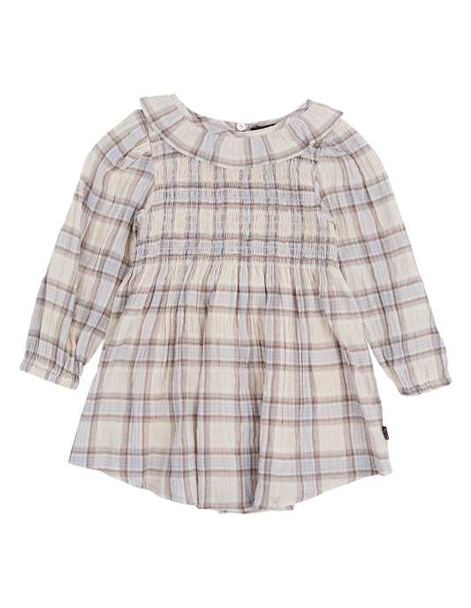 Plaid dress with ruffled collar on a white background