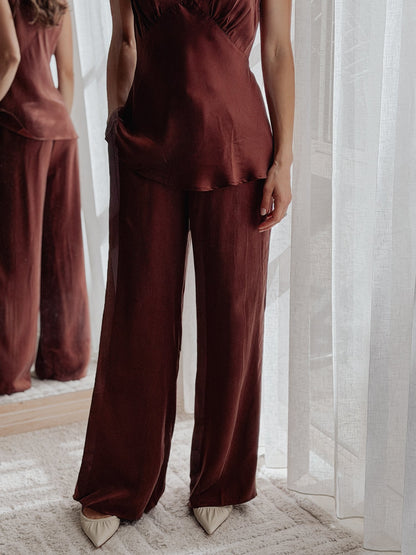 Mona Pant in Chocolate, wide leg with pointed flats, front view