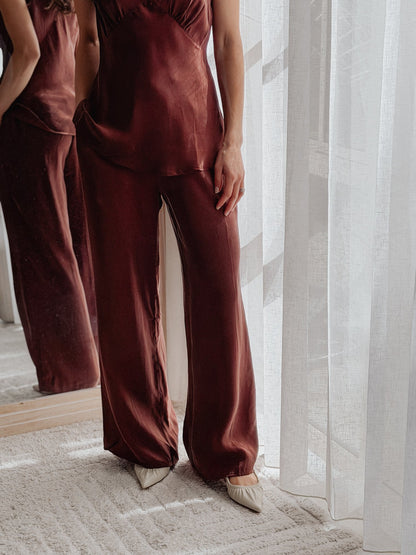 Mona Pant in Chocolate, side view showing the fluid drape