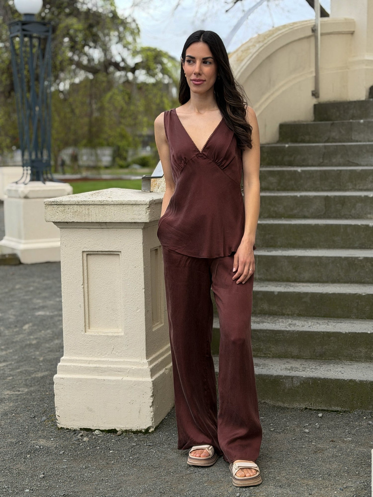 Mona Set in Chocolate styled outdoors on stone steps