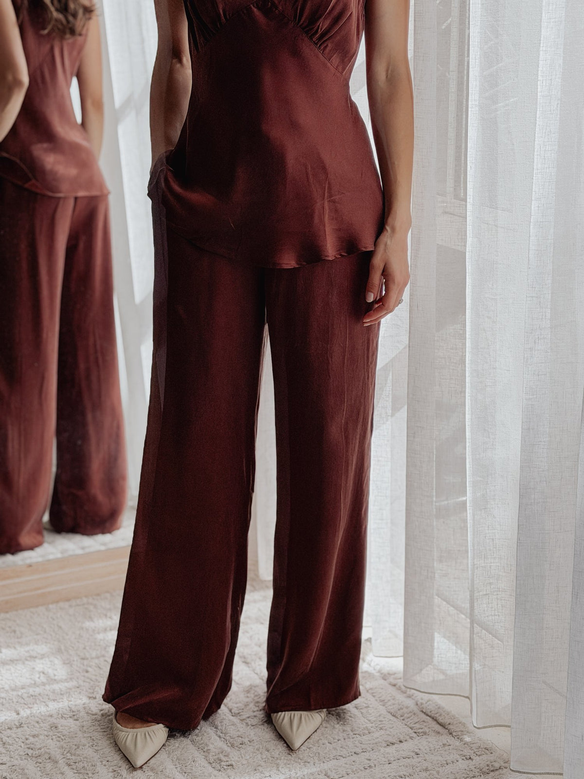 Mona Pant in Chocolate, wide leg with pointed flats