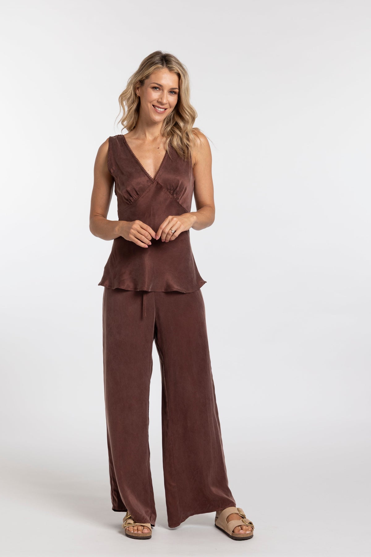 Mona Pant and Mona Top in Chocolate, front
