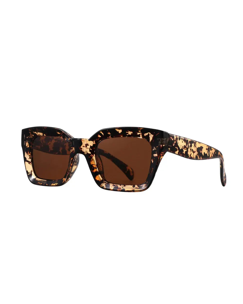 Sunglasses with tortoiseshell frame and brown lenses on a white background