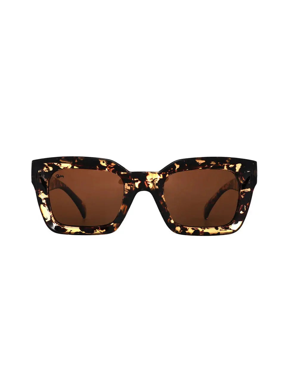 Tortoiseshell sunglasses with brown lenses on a white background