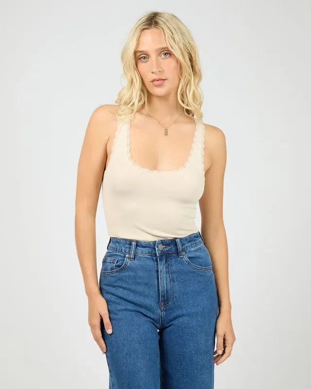 Wash Rib Lace Tank Top in Vanilla All About Eve