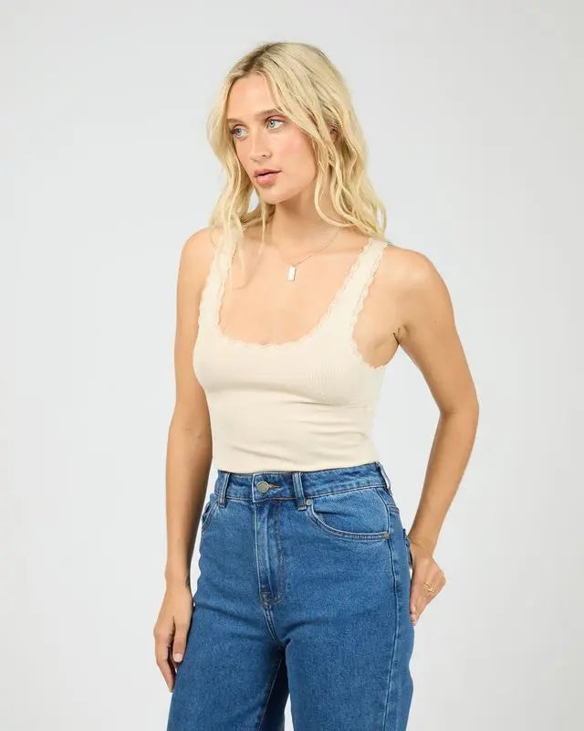 Wash Rib Lace Tank Top in Vanilla All About Eve